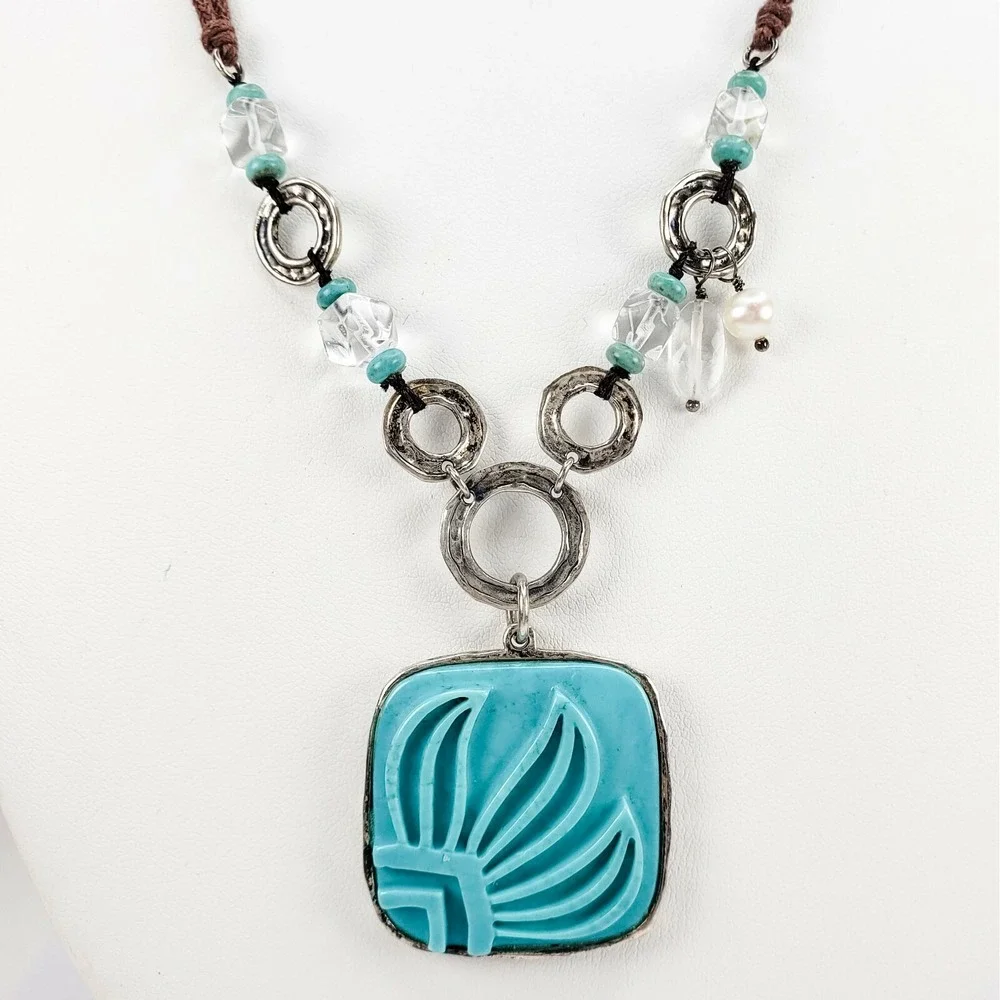 Silpada Necklace Sterling Silver 19.5in Blue Carved Turquoise Pendant Mixed Bead